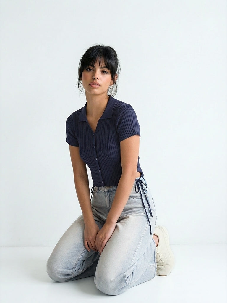 Nuon Navy Ribbed Side-Tie Top