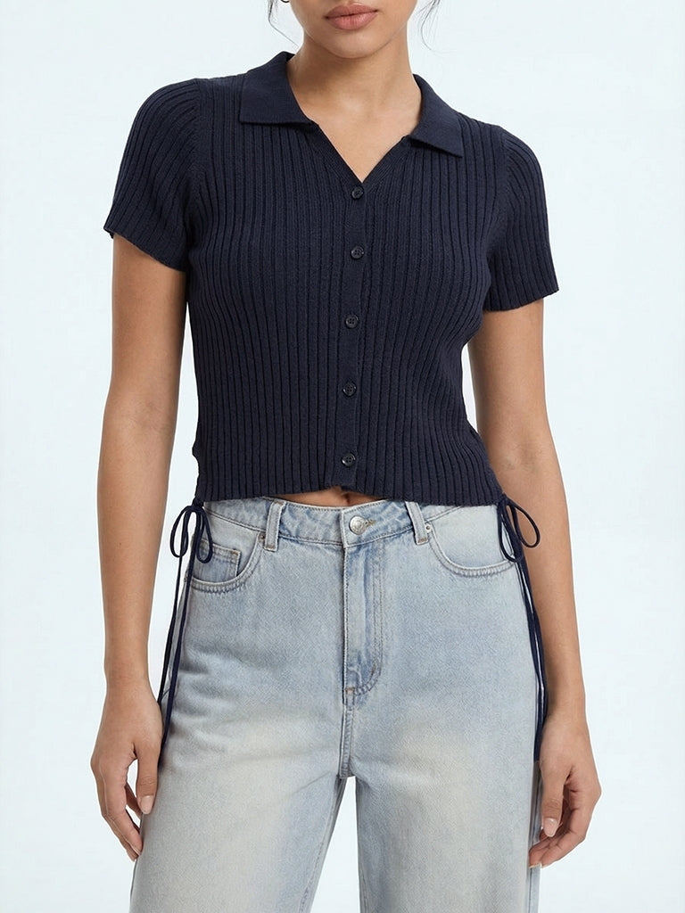 Nuon Navy Ribbed Side-Tie Top