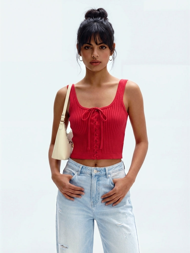 Nuon Red Ribbed Lace-Up Crop Top