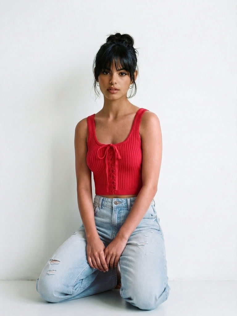 Nuon Red Ribbed Lace-Up Crop Top