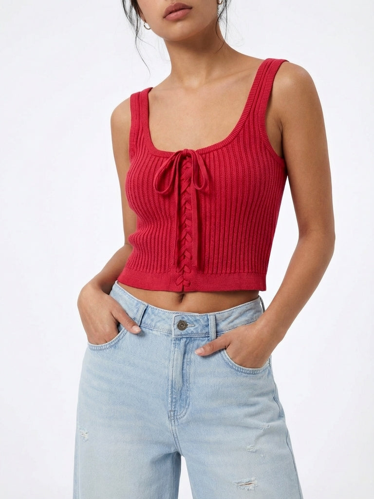 Nuon Red Ribbed Lace-Up Crop Top