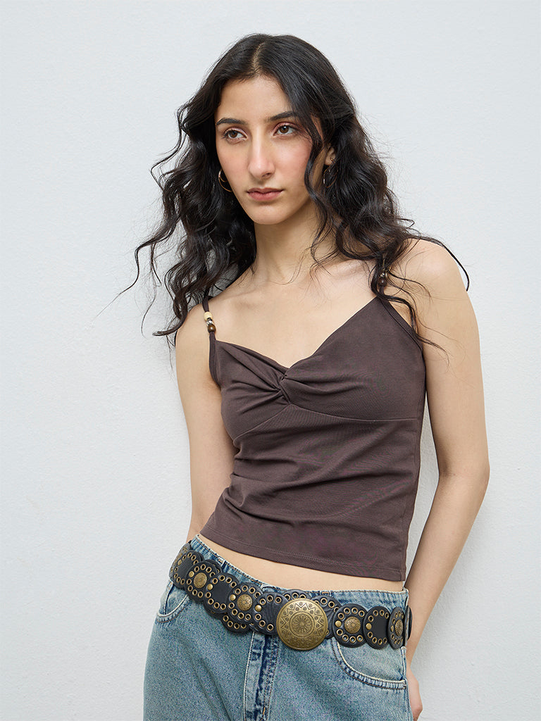Nuon Brown Knot-Detail Cotton-Blend Top