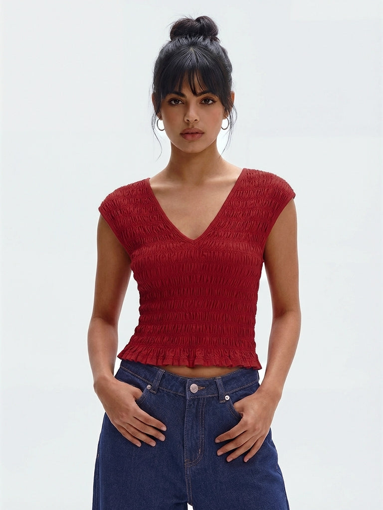 Nuon Red Contour Smocked Top