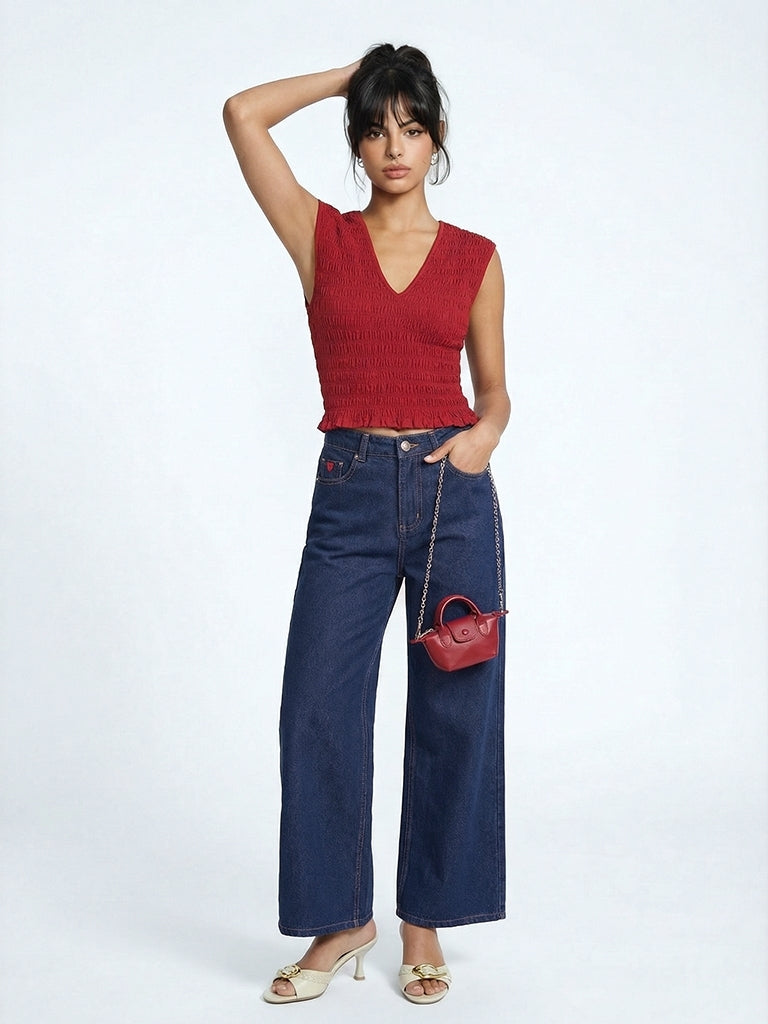 Nuon Red Contour Smocked Top