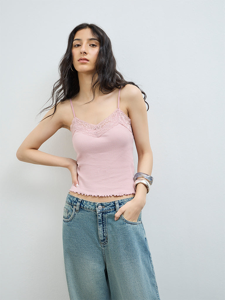 Nuon Pink Lace Cotton-Blend Top