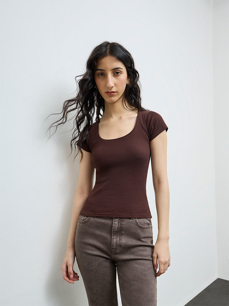 Nuon Dark Brown Ribbed Cotton-Blend T-Shirt