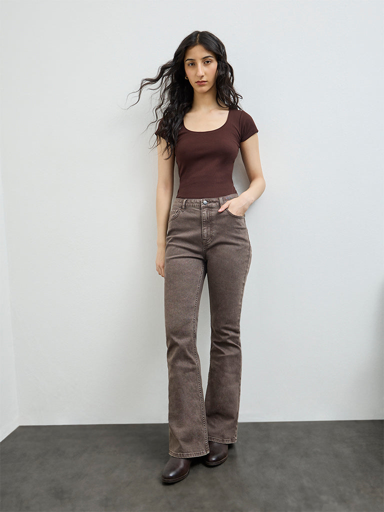 Nuon Dark Brown Ribbed Cotton-Blend T-Shirt