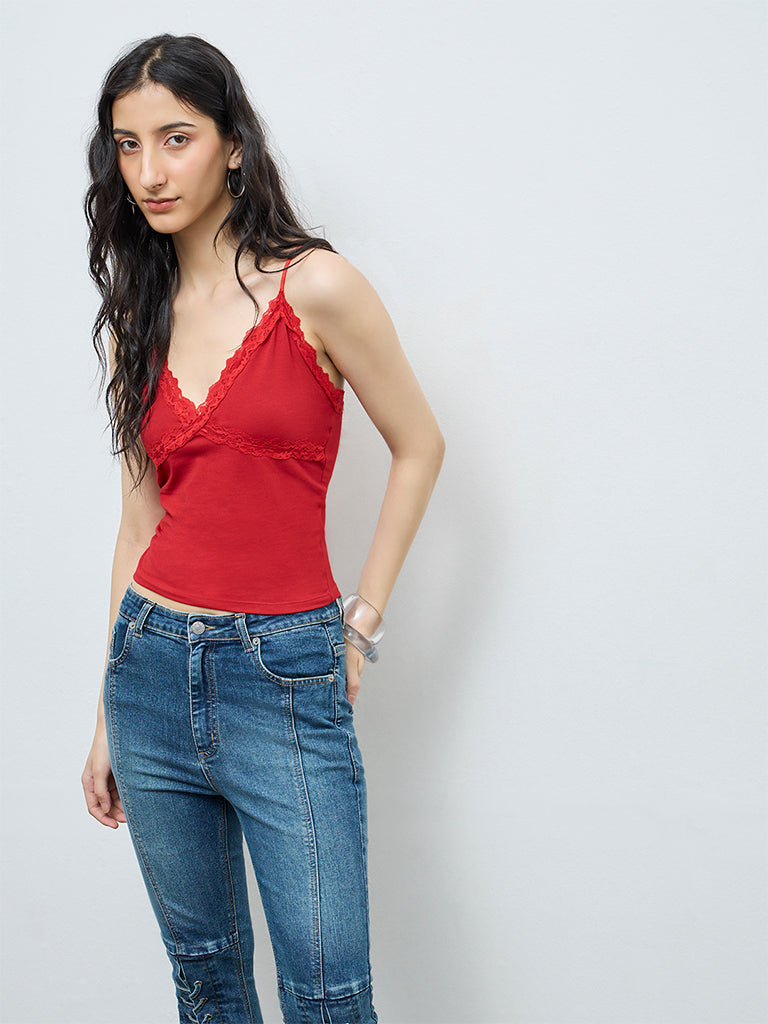 Nuon Red Lace Cotton-Blend Top