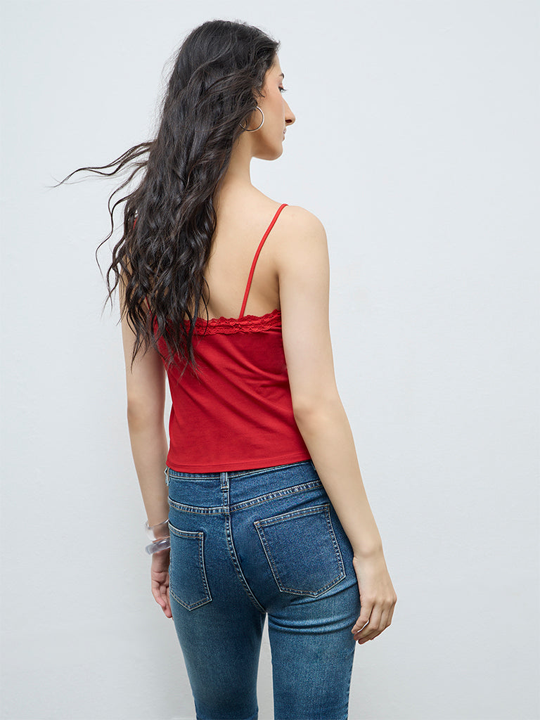 Nuon Red Lace Cotton-Blend Top