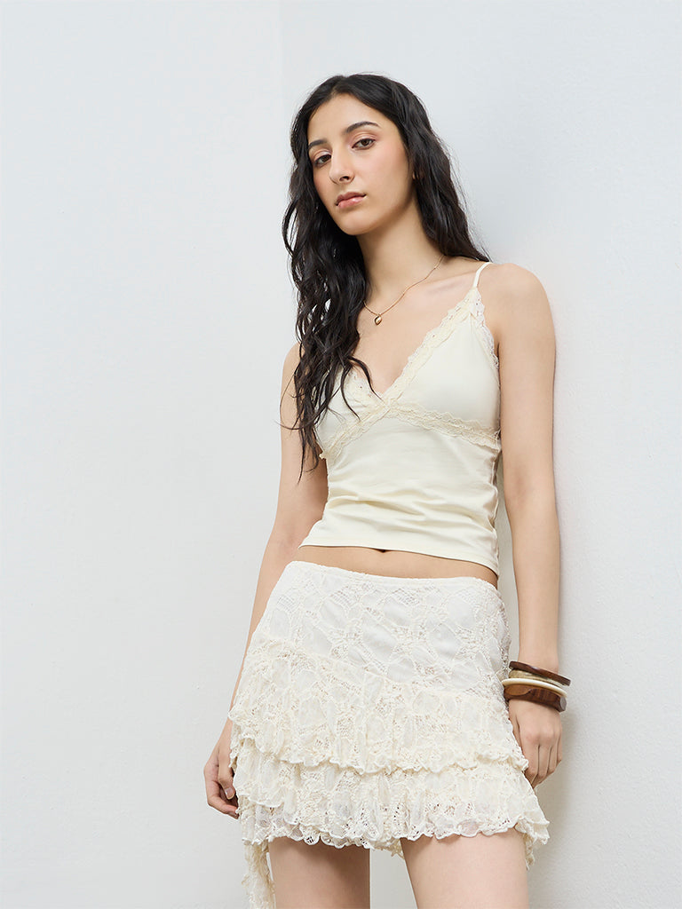 Nuon Light Yellow Lace Cotton-Blend Top