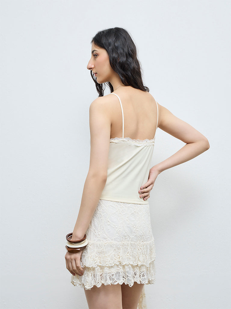 Nuon Light Yellow Lace Cotton-Blend Top