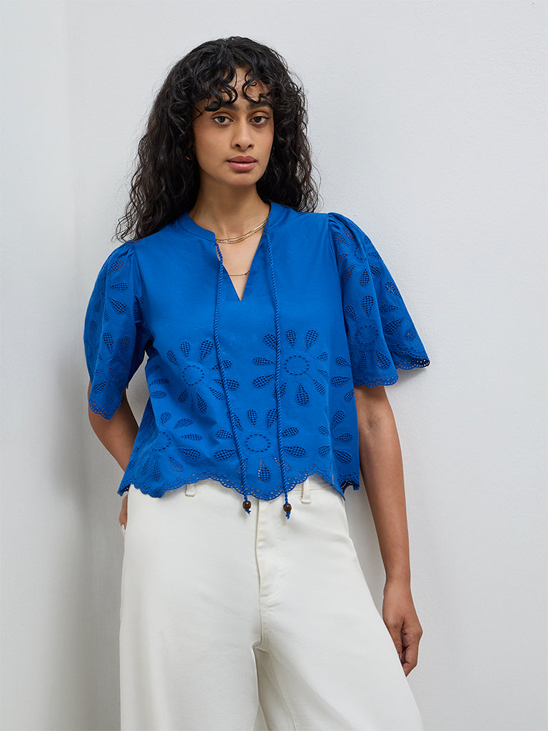 LOV Blue Schiffli Embroidered Cotton Top