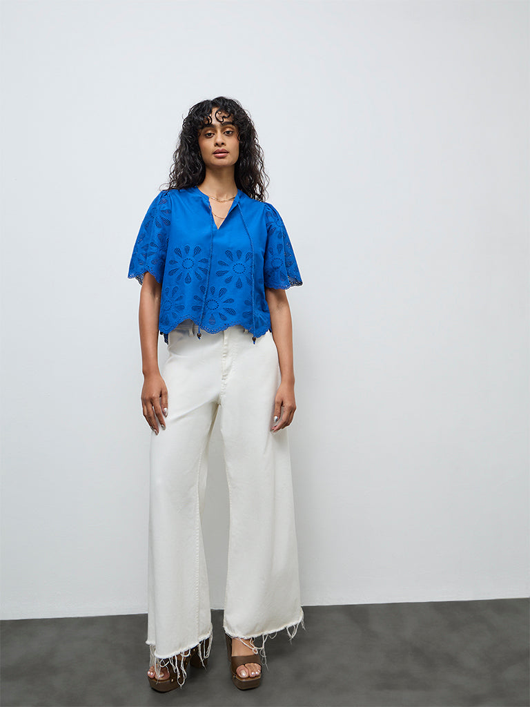 LOV Blue Schiffli Embroidered Cotton Top