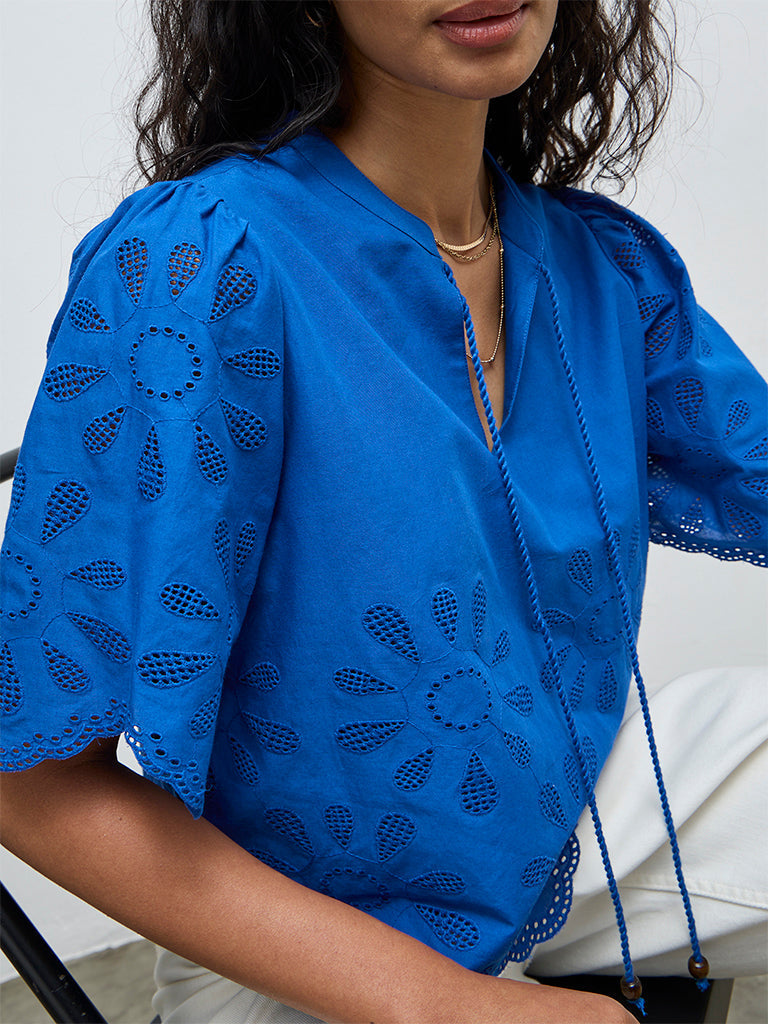 LOV Blue Schiffli Embroidered Cotton Top