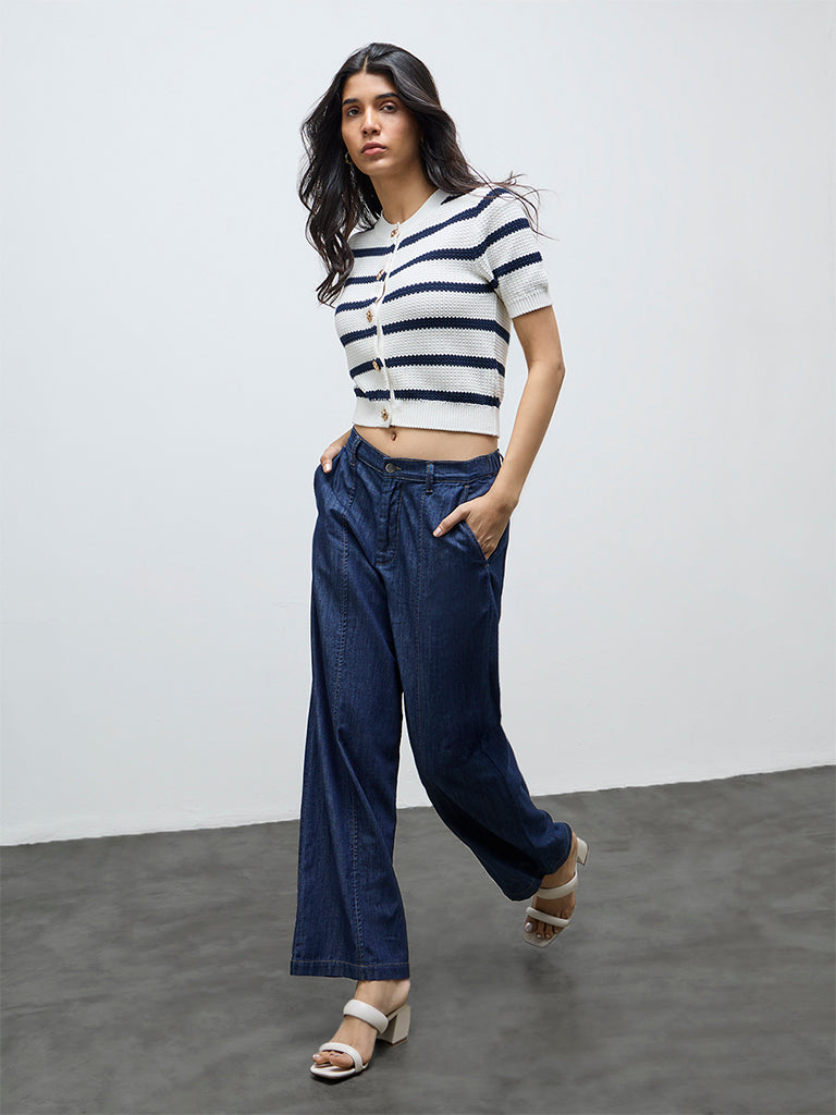 LOV Off-White Striped Knit-Textured Cardigan