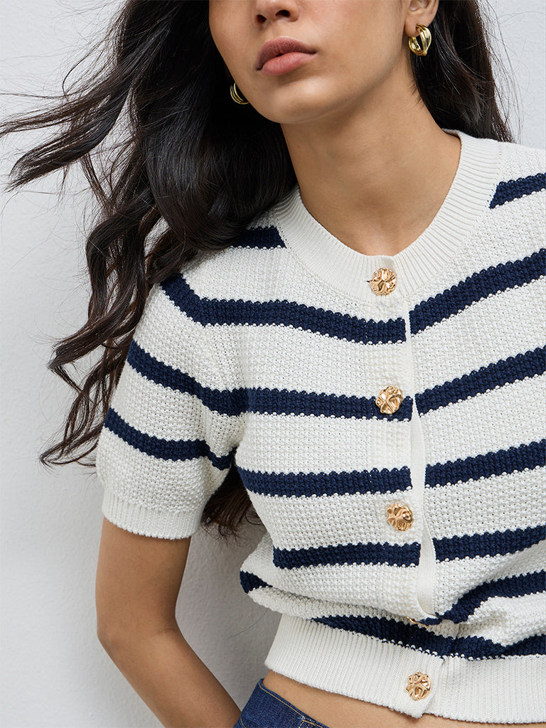 LOV Off-White Striped Knit-Textured Cardigan