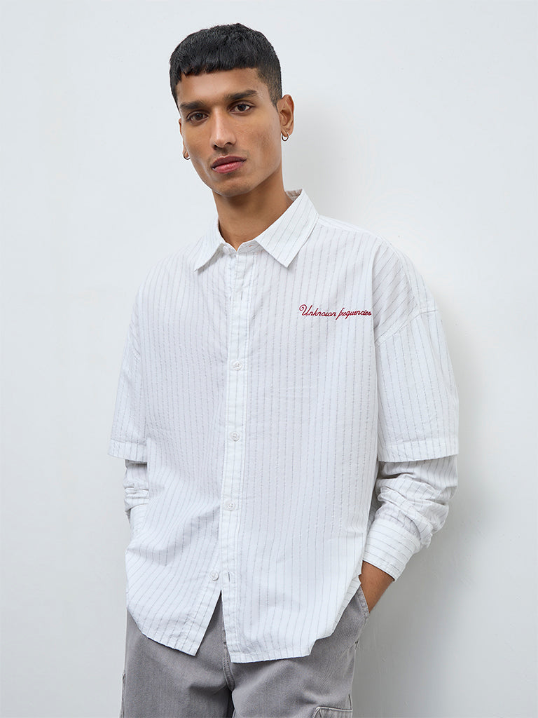 Nuon White Pinstriped Relaxed Fit Cotton Shirt