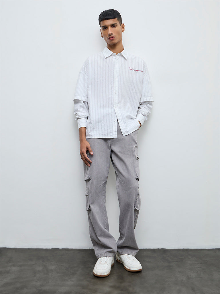 Nuon White Pinstriped Relaxed Fit Cotton Shirt