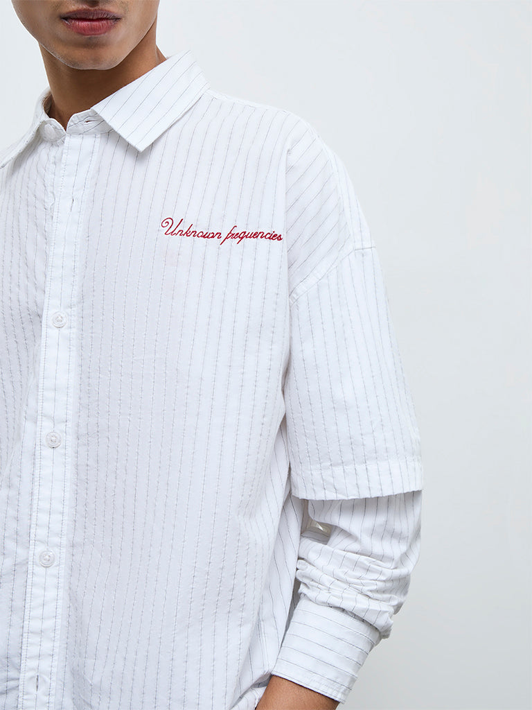 Nuon White Pinstriped Relaxed Fit Cotton Shirt