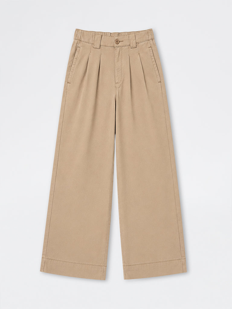 Girls Beige Pleated High-Rise Trousers