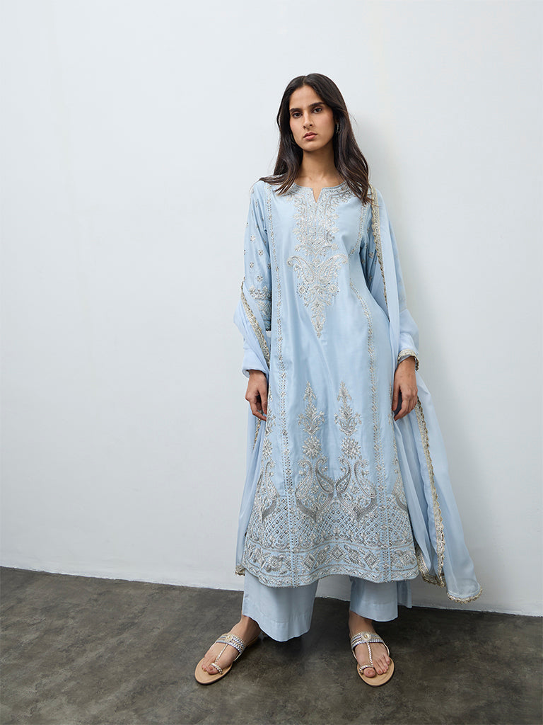 Vark Light Blue Embellished A-Line Ethnic Set