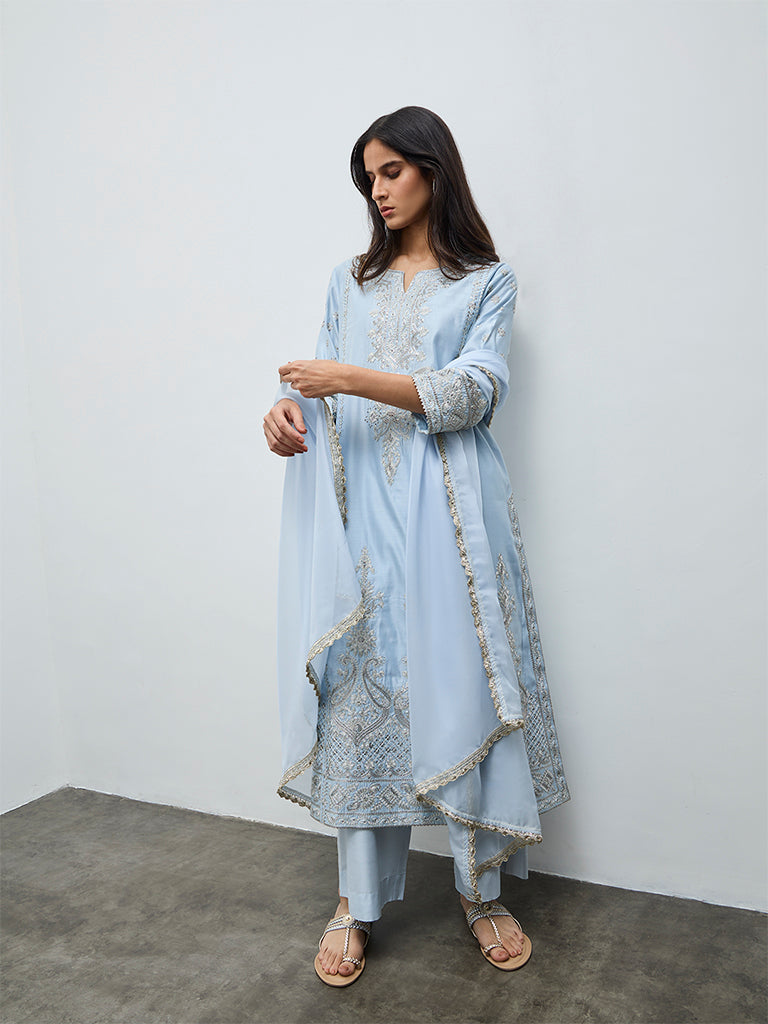 Vark Light Blue Embellished A-Line Ethnic Set