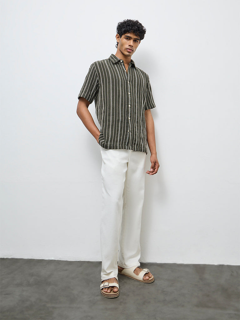 ETA Olive Striped Relaxed-Fit Cotton Shirt