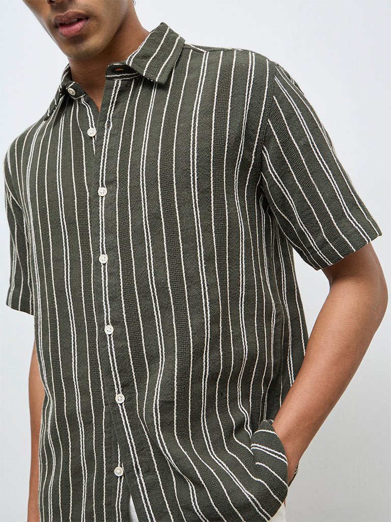 ETA Olive Striped Relaxed-Fit Cotton Shirt