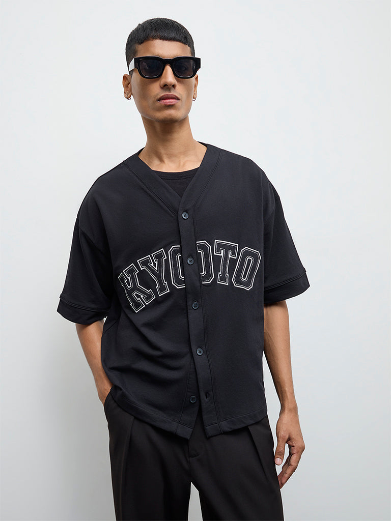 Nuon Black Text Design Relaxed-Fit Cotton-Blend T-Shirt