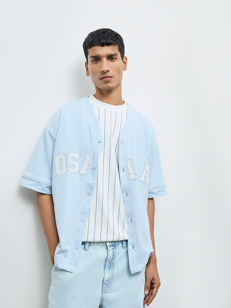 Nuon Light Blue Text Design Relaxed-Fit Cotton-Blend T-Shirt
