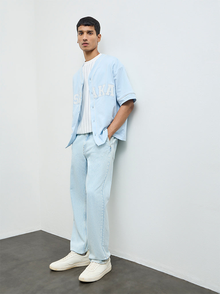 Nuon Light Blue Text Design Relaxed-Fit Cotton-Blend T-Shirt