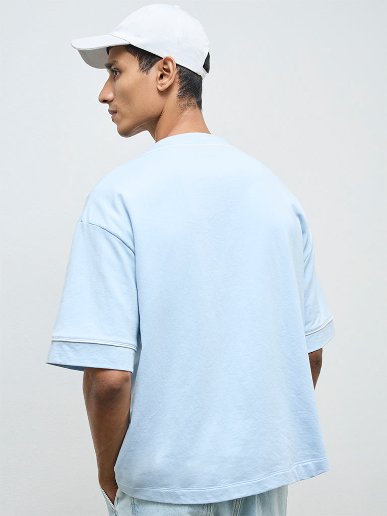 Nuon Light Blue Text Design Relaxed-Fit Cotton-Blend T-Shirt