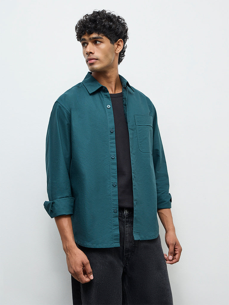 Nuon Green Solid Relaxed-Fit Cotton Shirt