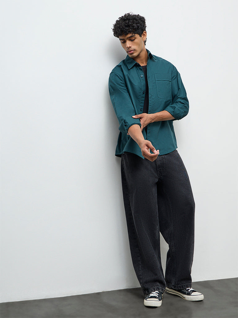 Nuon Green Solid Relaxed-Fit Cotton Shirt
