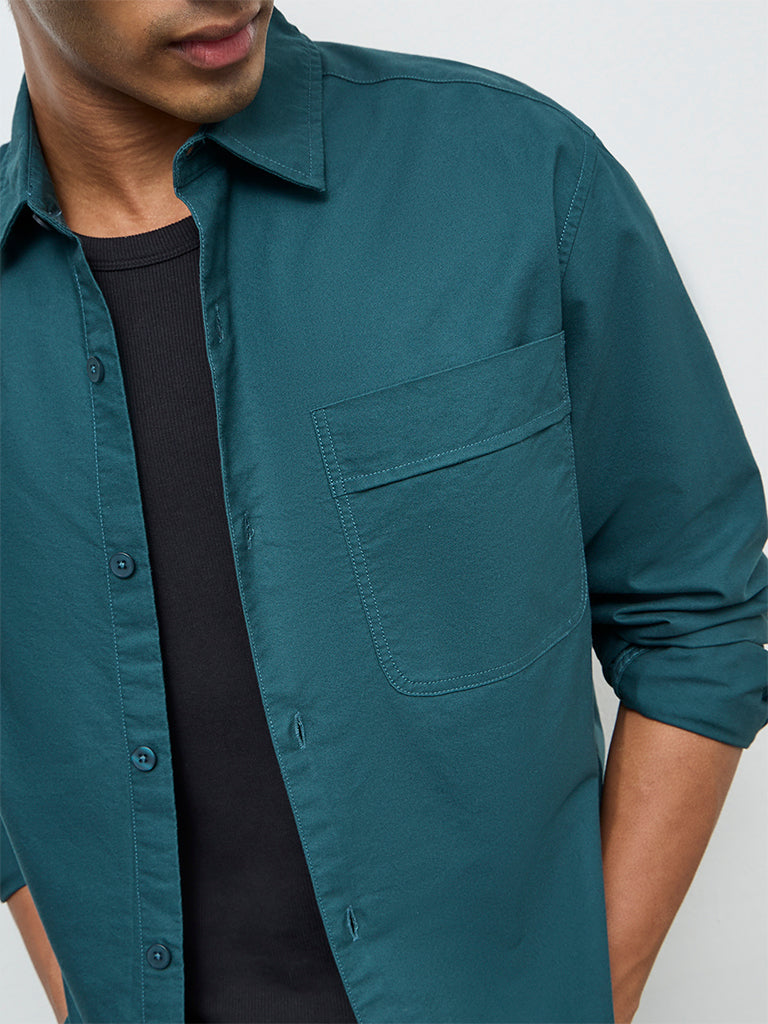Nuon Green Solid Relaxed-Fit Cotton Shirt