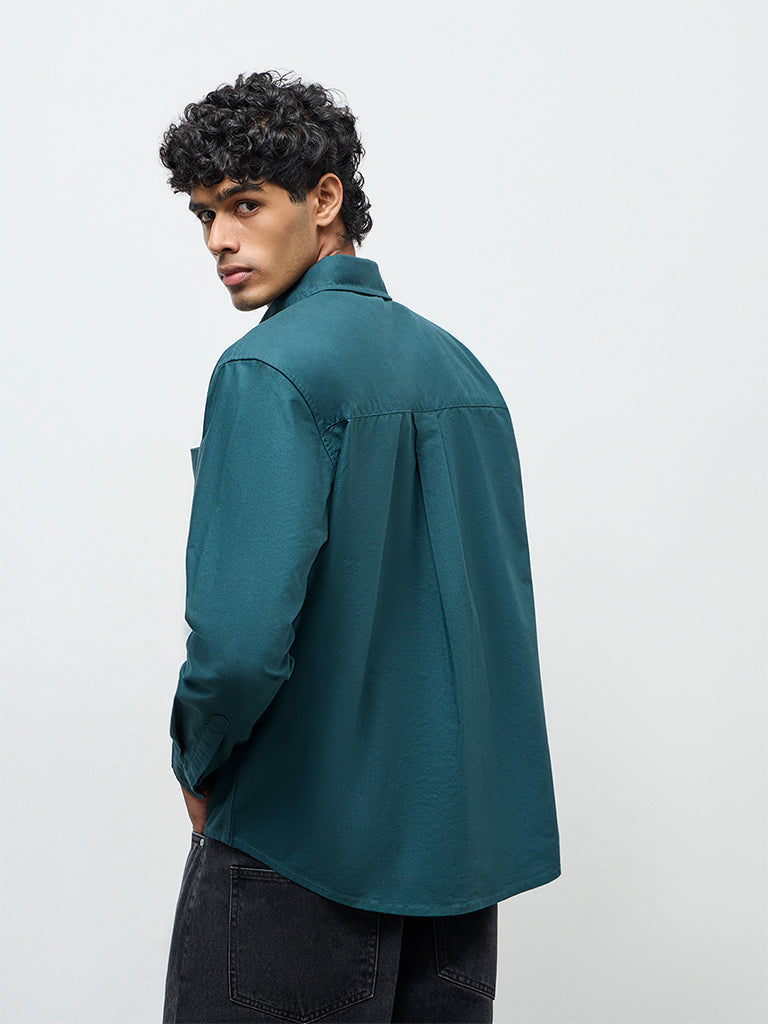 Nuon Green Solid Relaxed-Fit Cotton Shirt