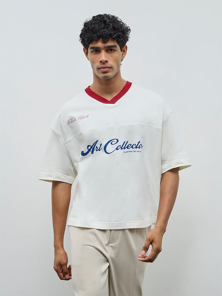 Nuon Off-White Text Design Oversized-Fit Cotton T-Shirt