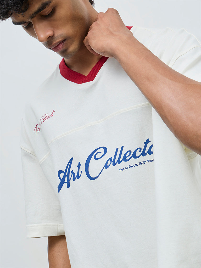 Nuon Off-White Text Design Oversized-Fit Cotton T-Shirt