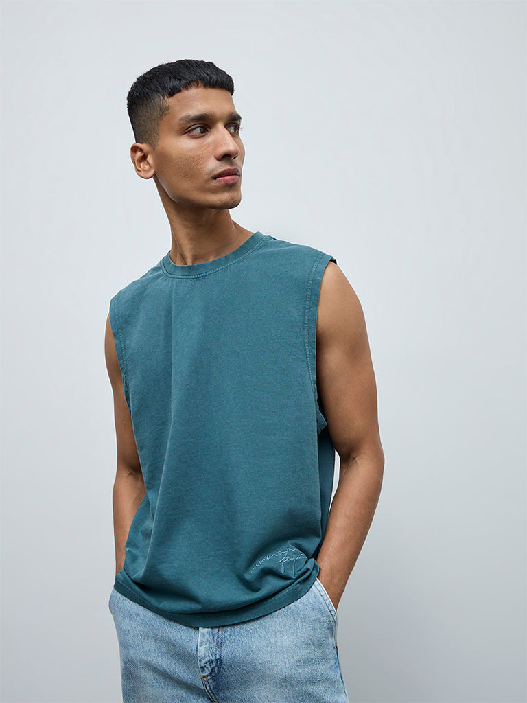 Nuon Teal Text Relaxed-Fit Cotton T-Shirt
