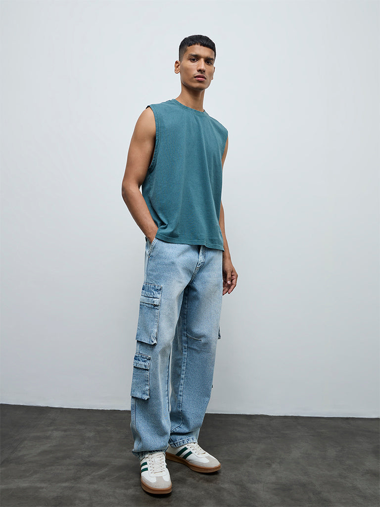 Nuon Teal Text Relaxed-Fit Cotton T-Shirt