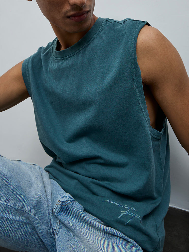 Nuon Teal Text Relaxed-Fit Cotton T-Shirt