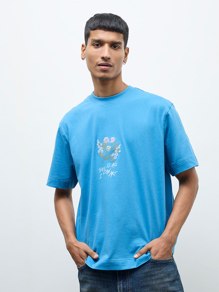 Nuon Blue Embroidered Relaxed-Fit Cotton T-Shirt