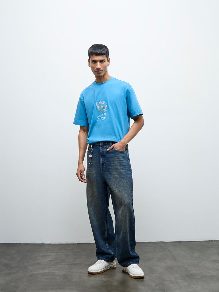 Nuon Blue Embroidered Relaxed-Fit Cotton T-Shirt