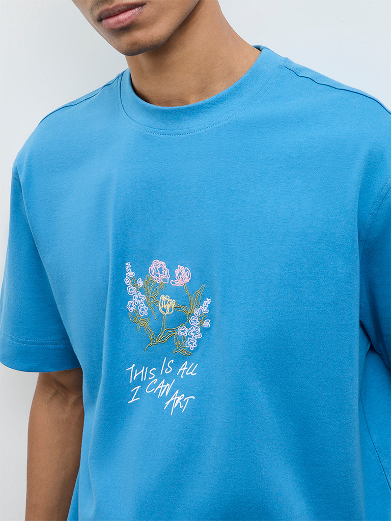 Nuon Blue Embroidered Relaxed-Fit Cotton T-Shirt