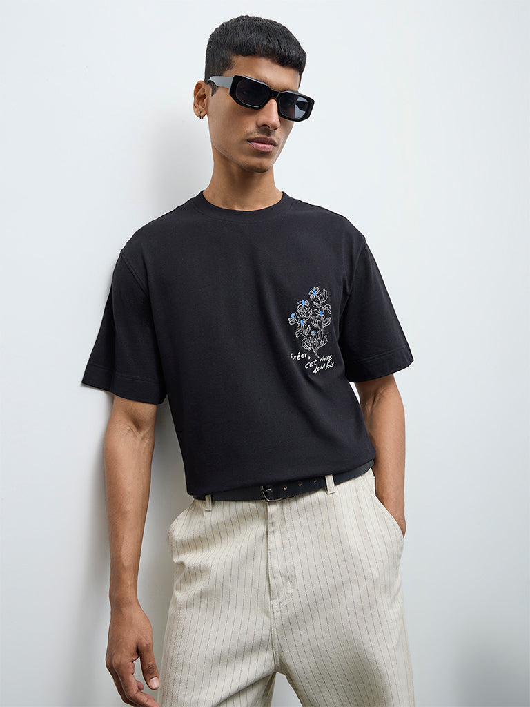 Nuon Black Floral Relaxed-Fit Cotton T-Shirt