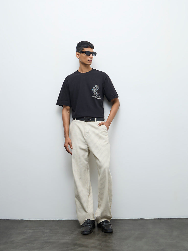 Nuon Black Floral Relaxed-Fit Cotton T-Shirt