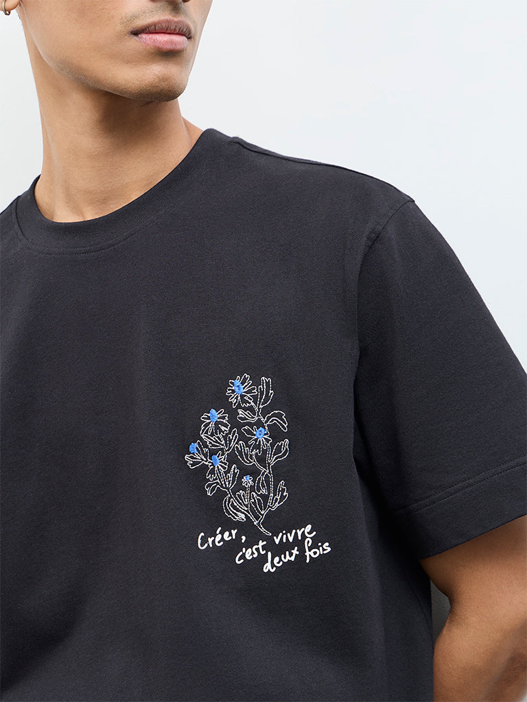 Nuon Black Floral Relaxed-Fit Cotton T-Shirt