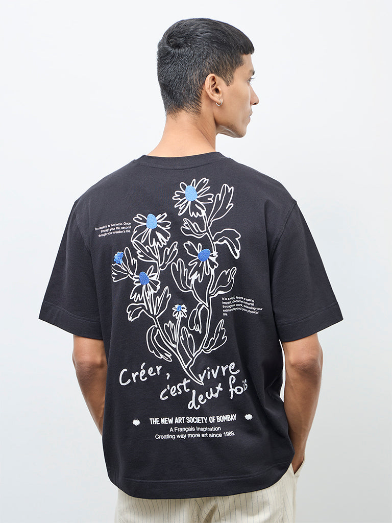 Nuon Black Floral Relaxed-Fit Cotton T-Shirt