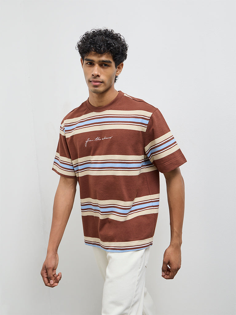 Nuon Brown Striped Relaxed-Fit Cotton T-Shirt