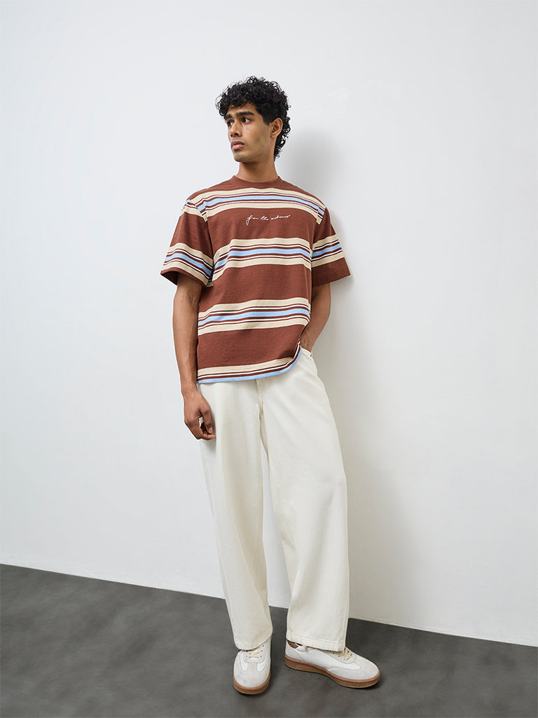 Nuon Brown Striped Relaxed-Fit Cotton T-Shirt
